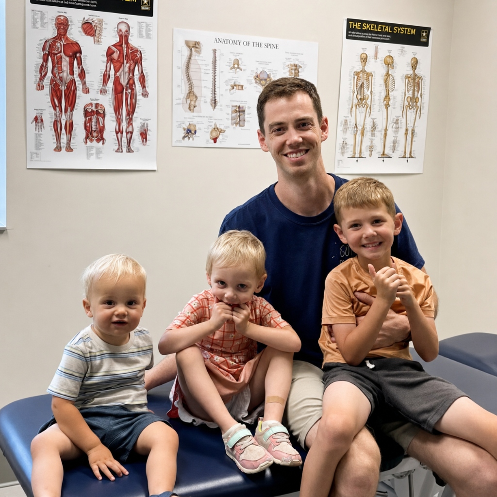 Dr. Brandon Launstein DPT with his family in clinic